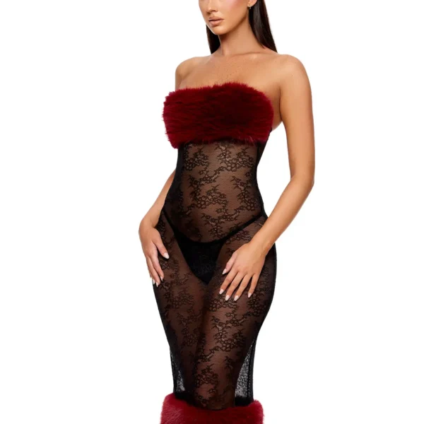 Fur the Night Lace and Faux Fur Nightgown Set